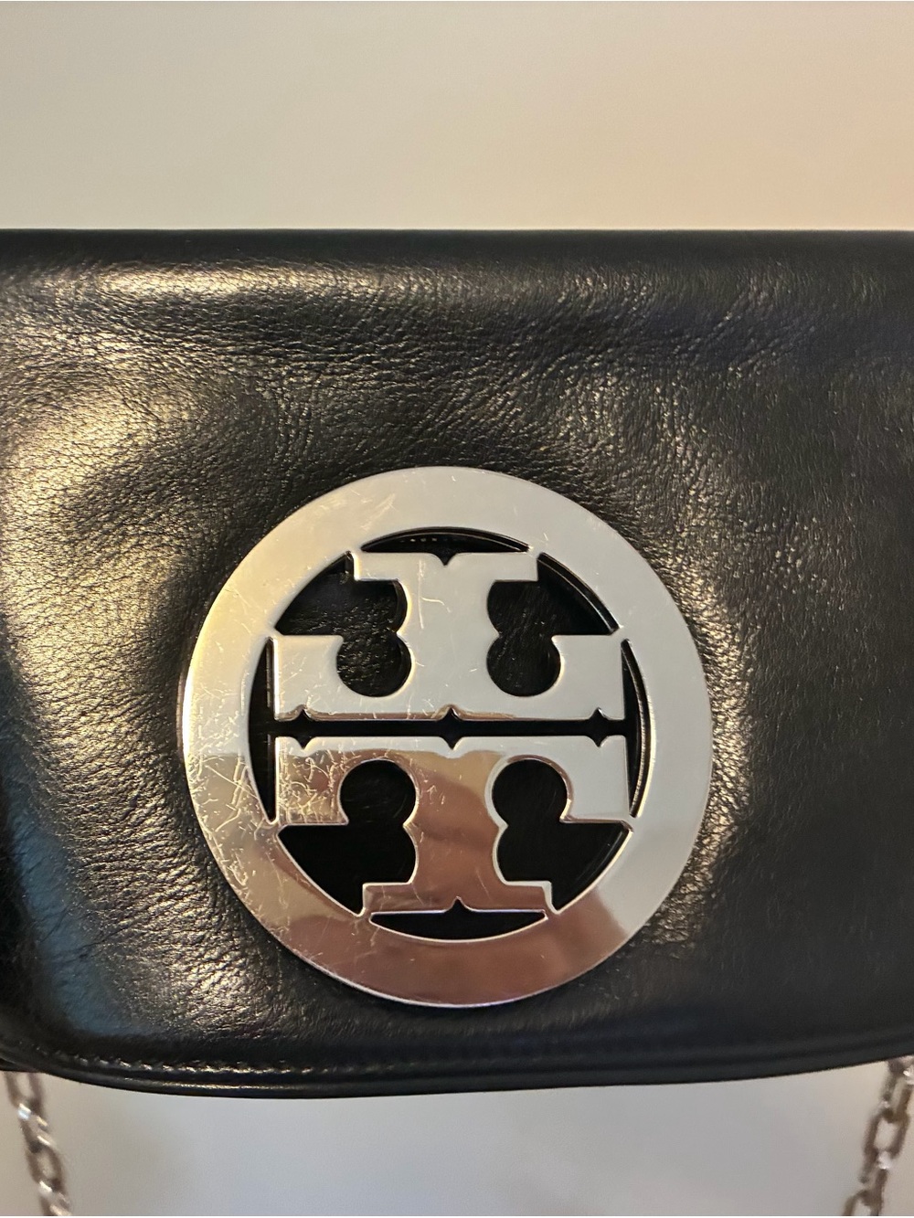 Tory Burch Black Leather Crossbody with Silver Logo Medallion